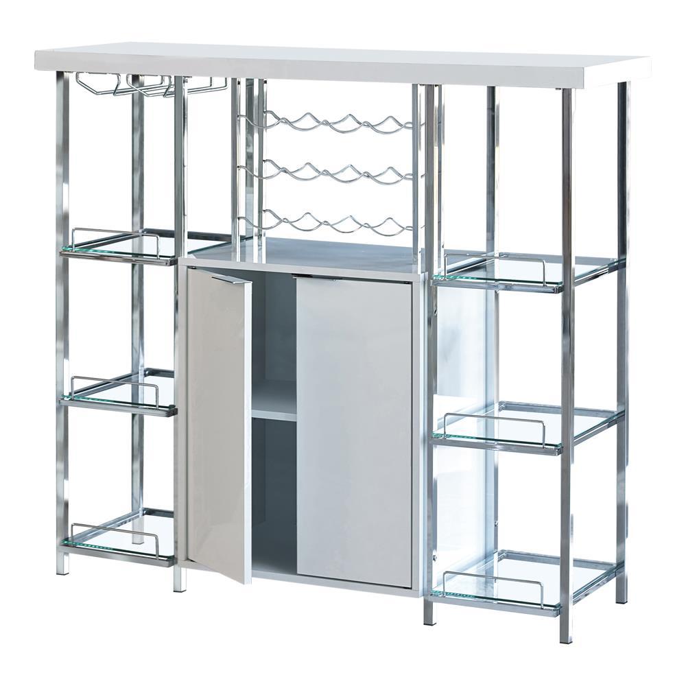 Gallimore High Glossy White/Chrome 2-Door Bar Cabinet with Glass Shelf by Coaster at Eve Furniture