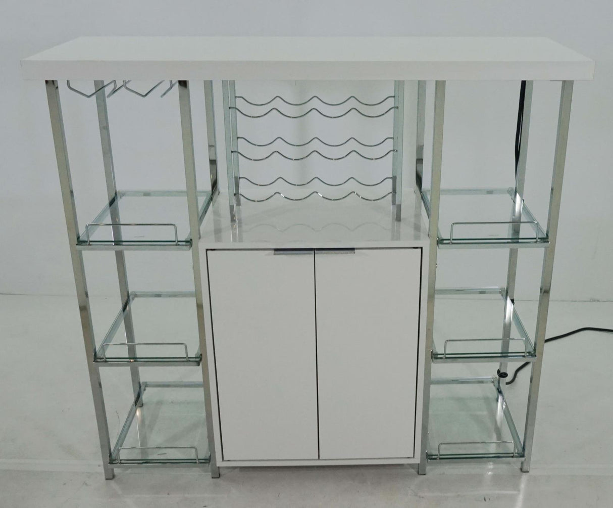 Gallimore High Glossy White/Chrome 2-Door Bar Cabinet with Glass Shelf by Coaster at Eve Furniture