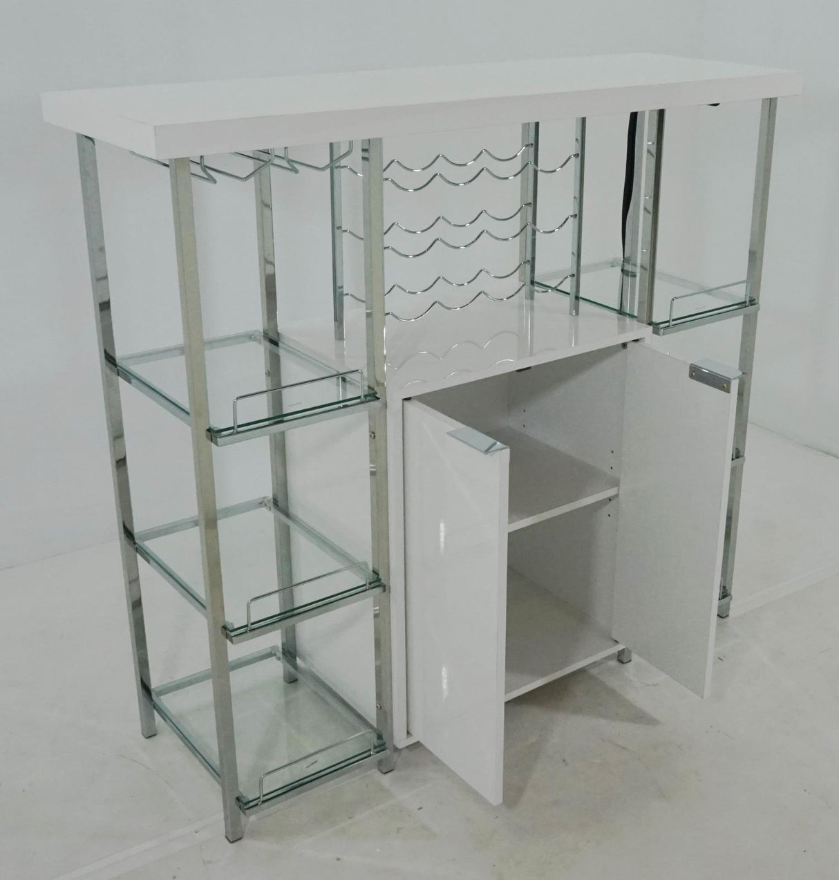 Gallimore High Glossy White/Chrome 2-Door Bar Cabinet with Glass Shelf by Coaster at Eve Furniture