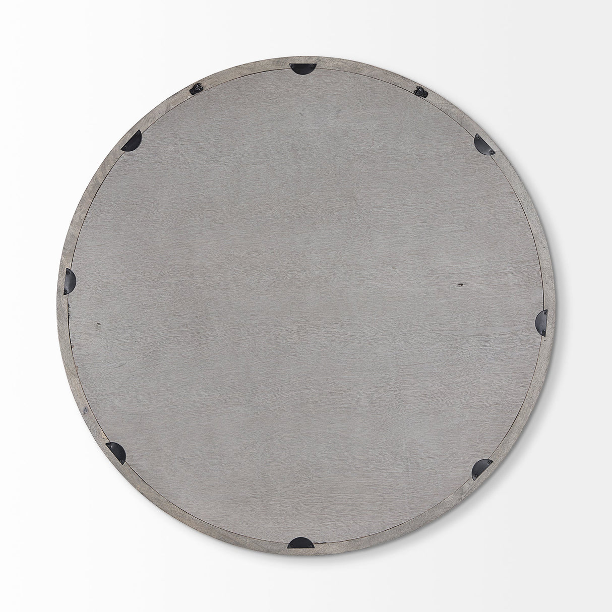 Gambit Round Gray Wash Wood Frame Wall Mirror by Mercana at Eve Furniture