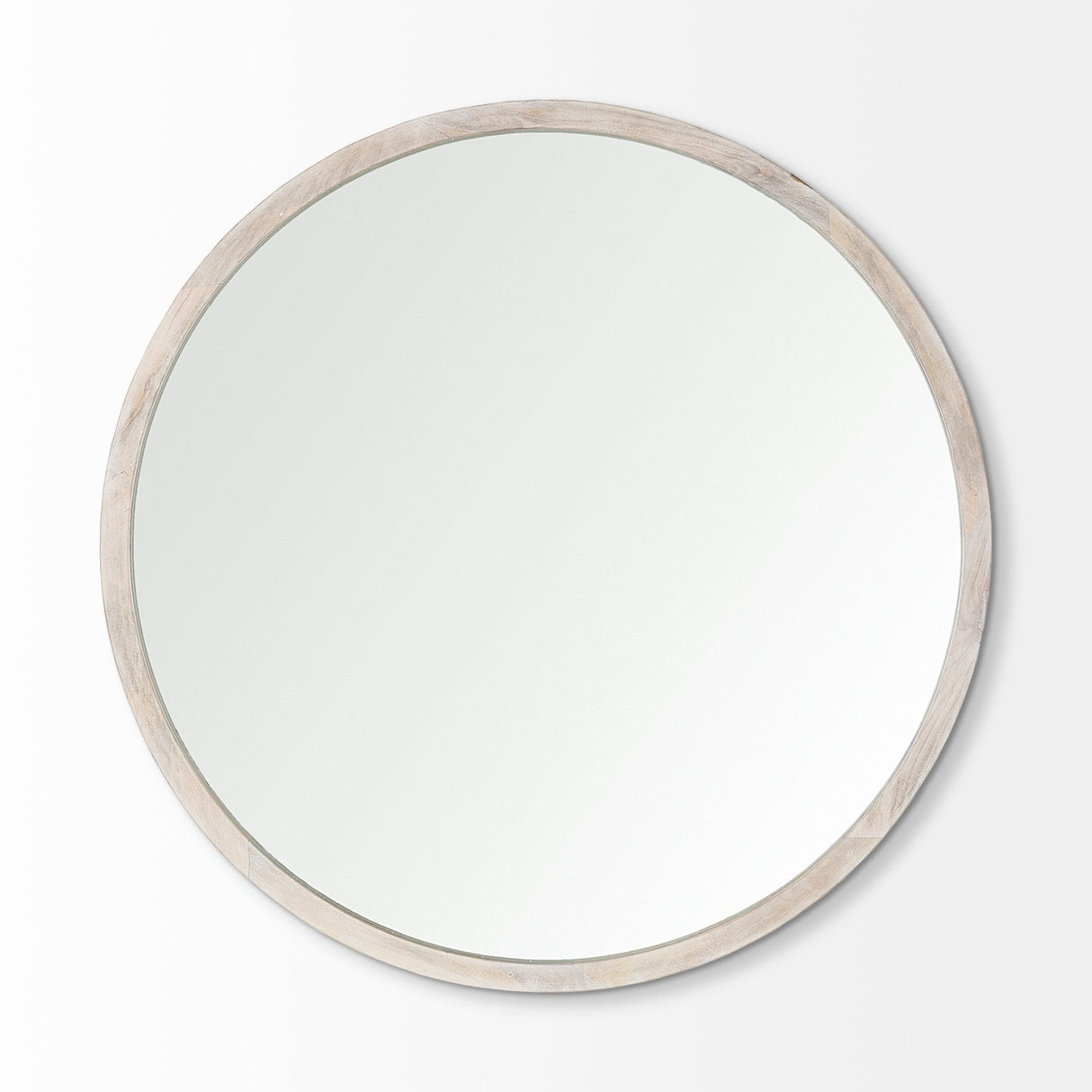 Gambit Round White Wash Wood Frame Wall Mirror by Mercana at Eve Furniture
