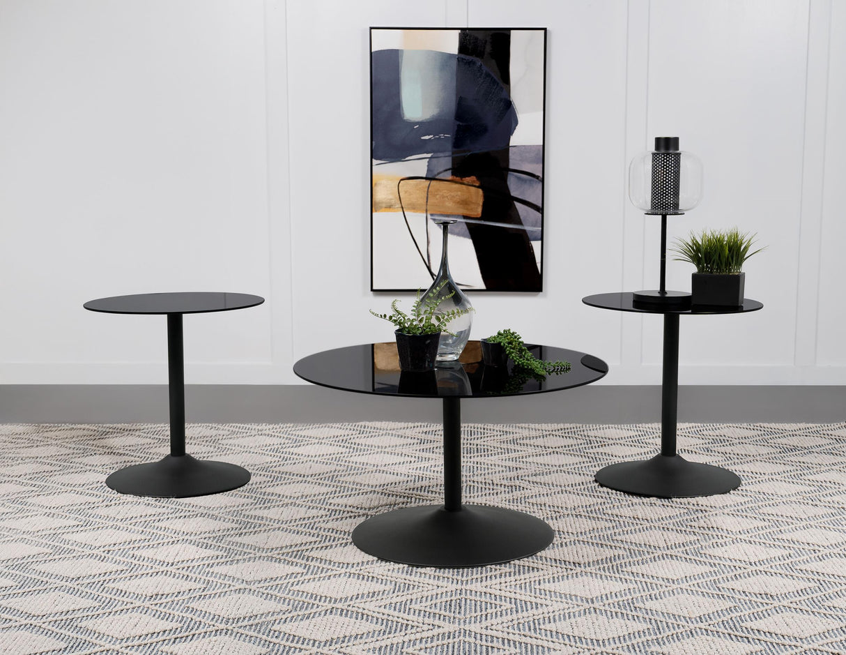 Ganso Black 3-Piece Round Glass Top Coffee and End Table Set by Coaster at Eve Furniture