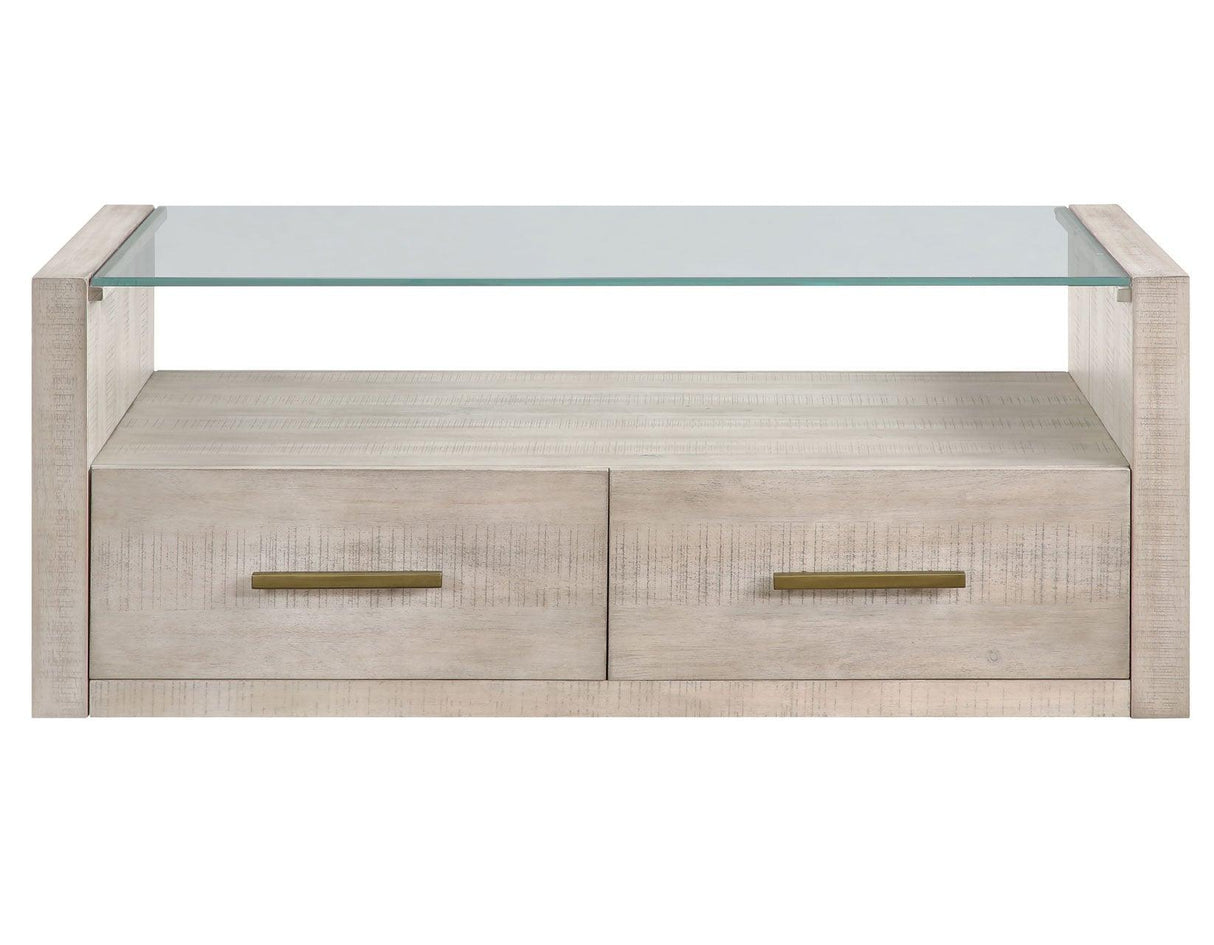 Garland Castered Glass Top Coffee Table, Washed Parchment Finish by Steve Silver at Eve Furniture