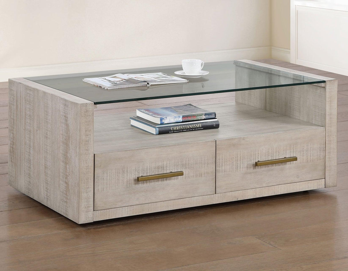Garland Castered Glass Top Coffee Table, Washed Parchment Finish by Steve Silver at Eve Furniture