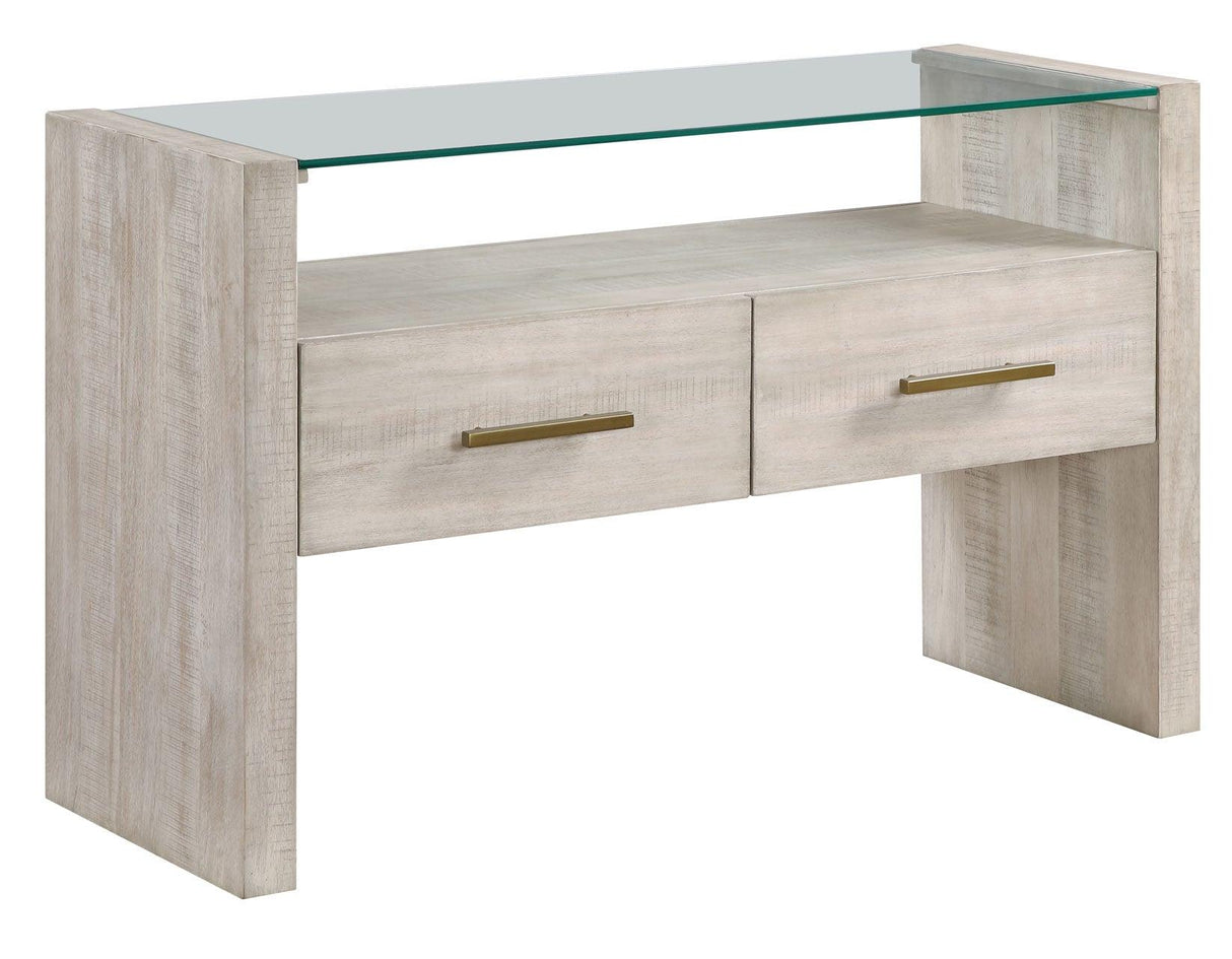 Garland Glass Top Sofa Table, Washed Parchment Finish by Steve Silver at Eve Furniture
