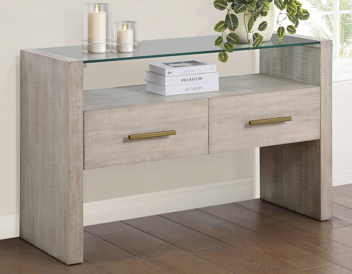 Garland Glass Top Sofa Table, Washed Parchment Finish by Steve Silver at Eve Furniture