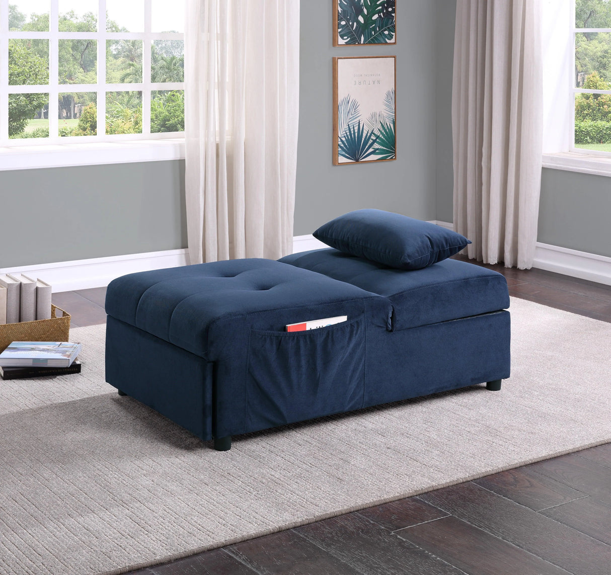 Garrell Blue Velvet Lift Top Storage Bench with Pull-out Bed by Homelegance at Eve Furniture