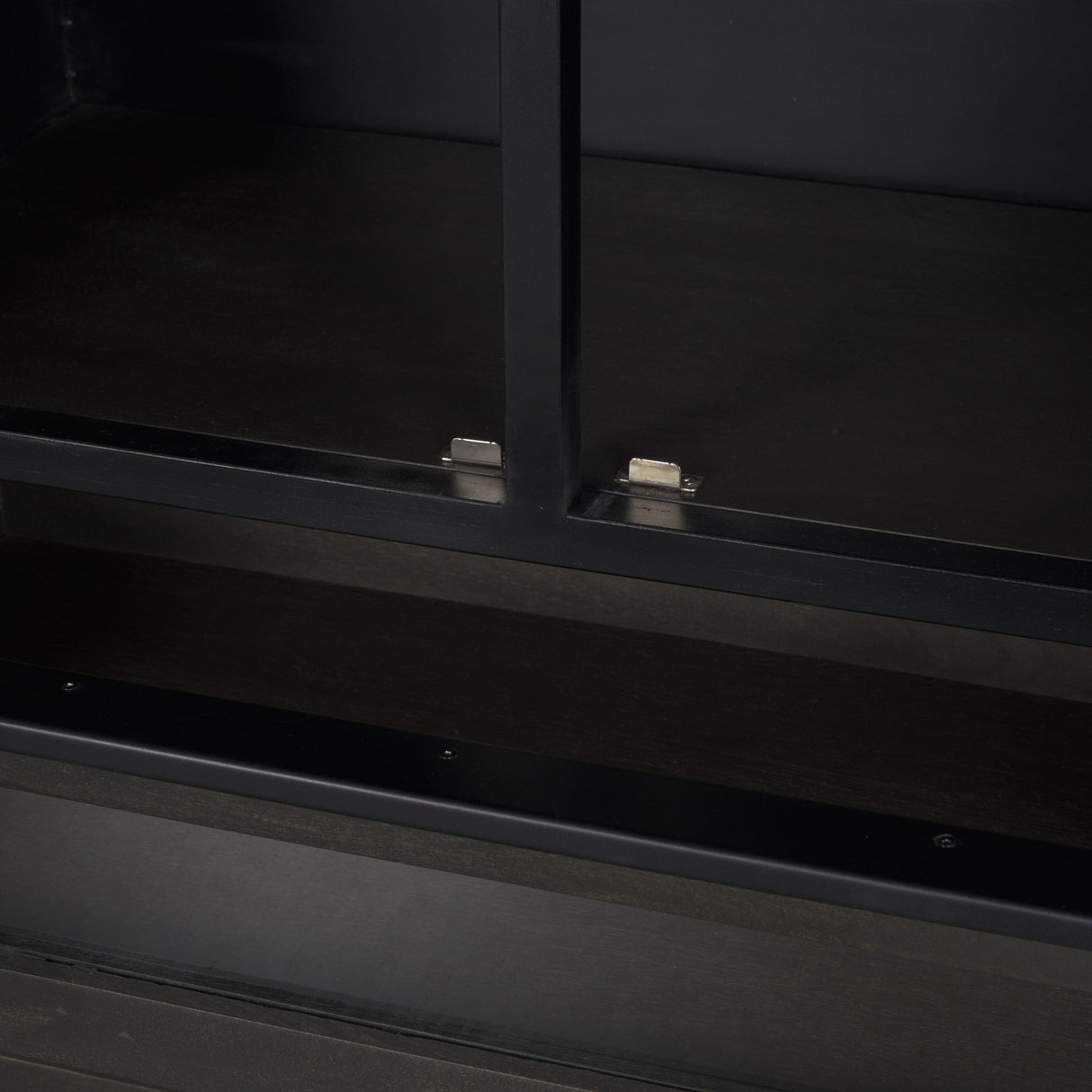 Gehry Dark Brown Metal Brown Wood and Glass Door Display Cabinet by Mercana at Eve Furniture