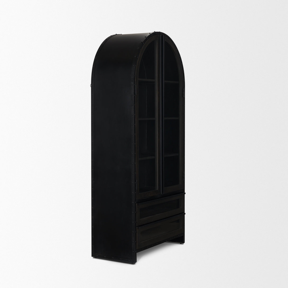 Gehry Dark Brown Metal Brown Wood and Glass Door Display Cabinet by Mercana at Eve Furniture