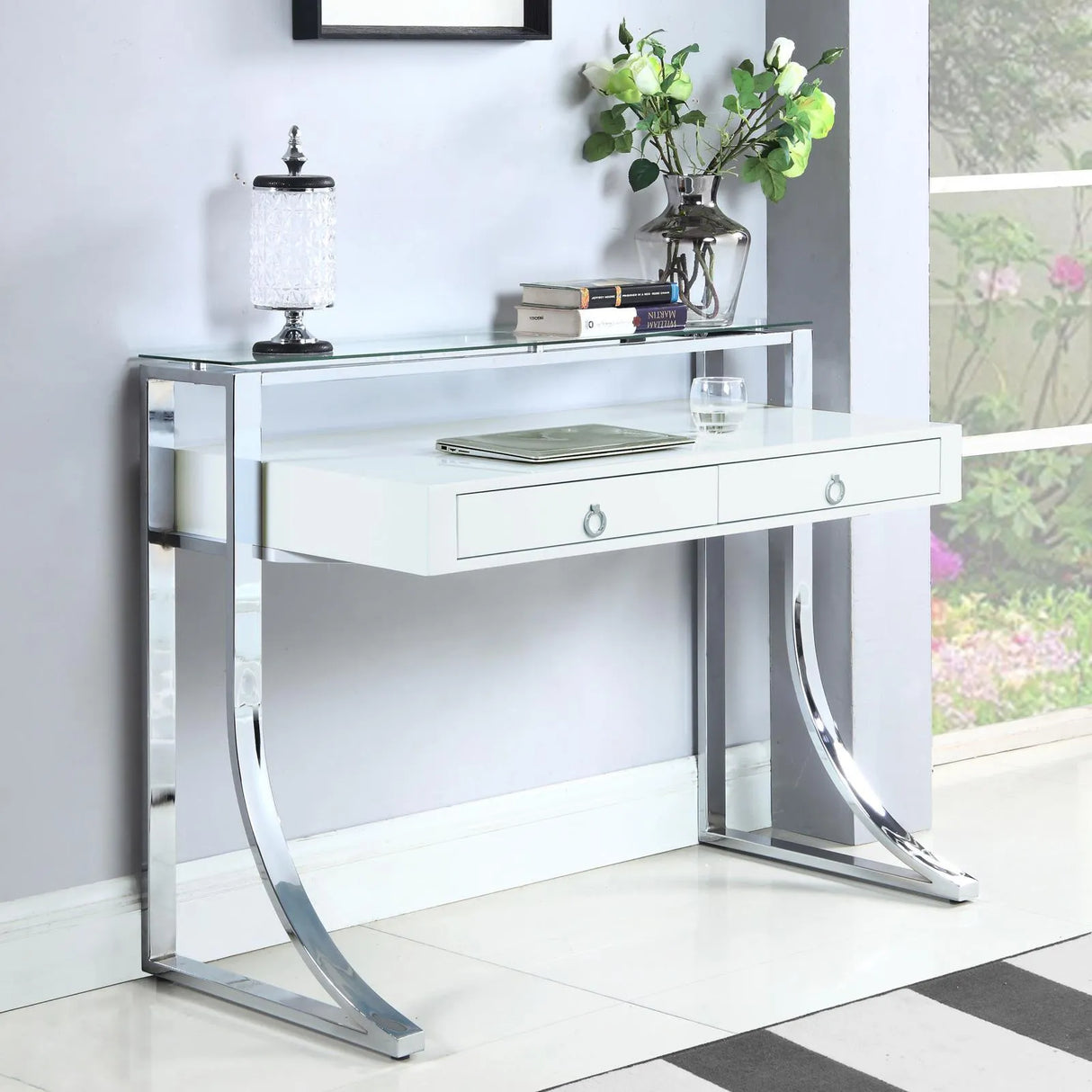Gemma Glossy White/Chrome 2-Drawer Writing Desk by Coaster at Eve Furniture