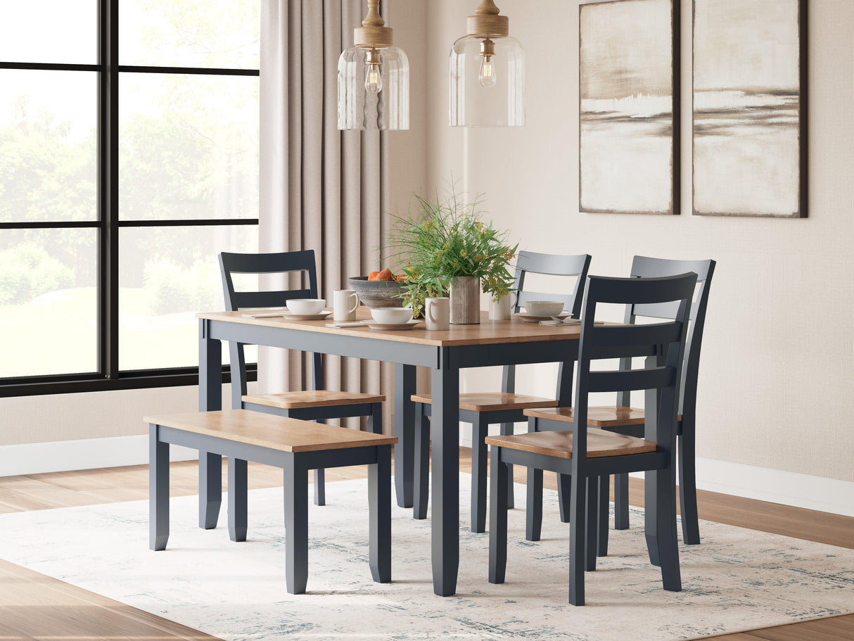 Gesthaven Natural/Blue Dining Table with 4 Chairs and Bench by Ashley at Eve Furniture