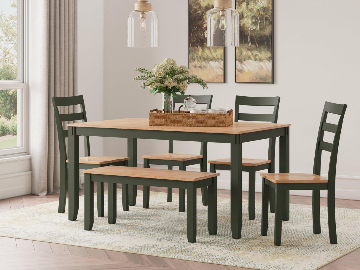 Gesthaven Natural/Green Dining Table with 4 Chairs and Bench by Ashley at Eve Furniture
