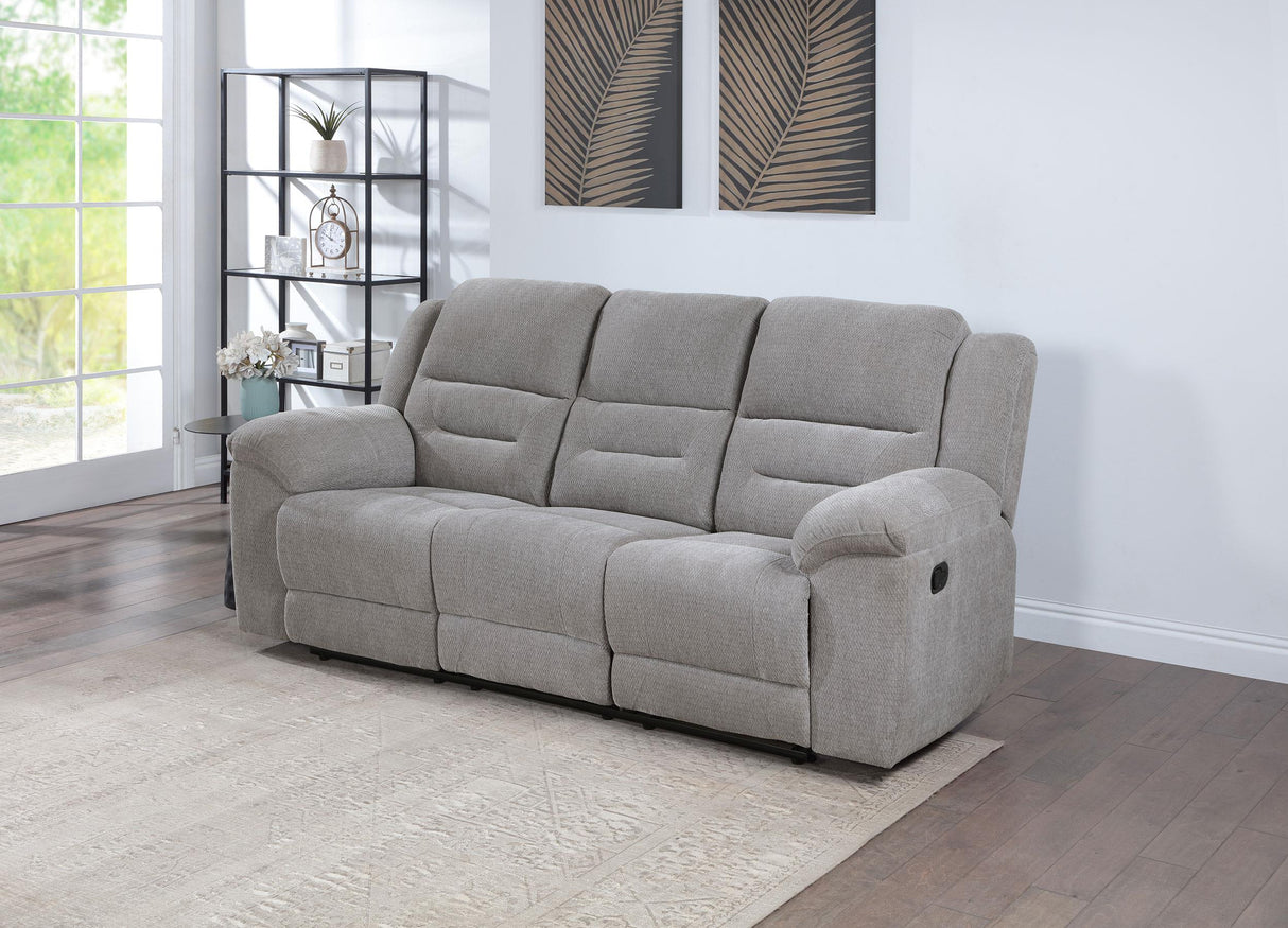 Gilson Gray Chenille Upholstered Reclining Sofa by Coaster at Eve Furniture