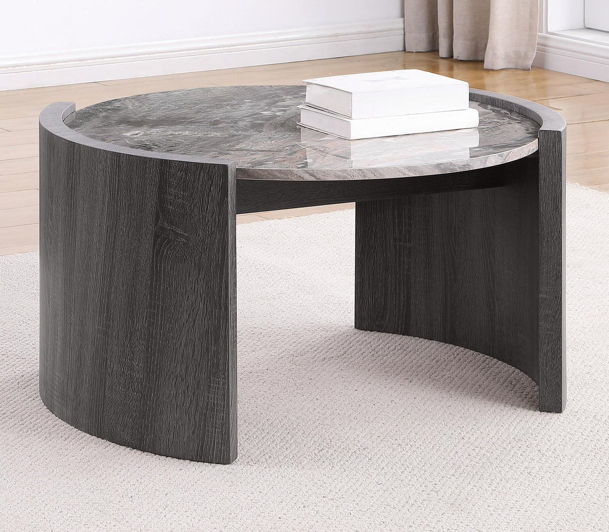 Gladstone Distressed Gray Round Faux Marble Top Coffee Table by Coaster at Eve Furniture