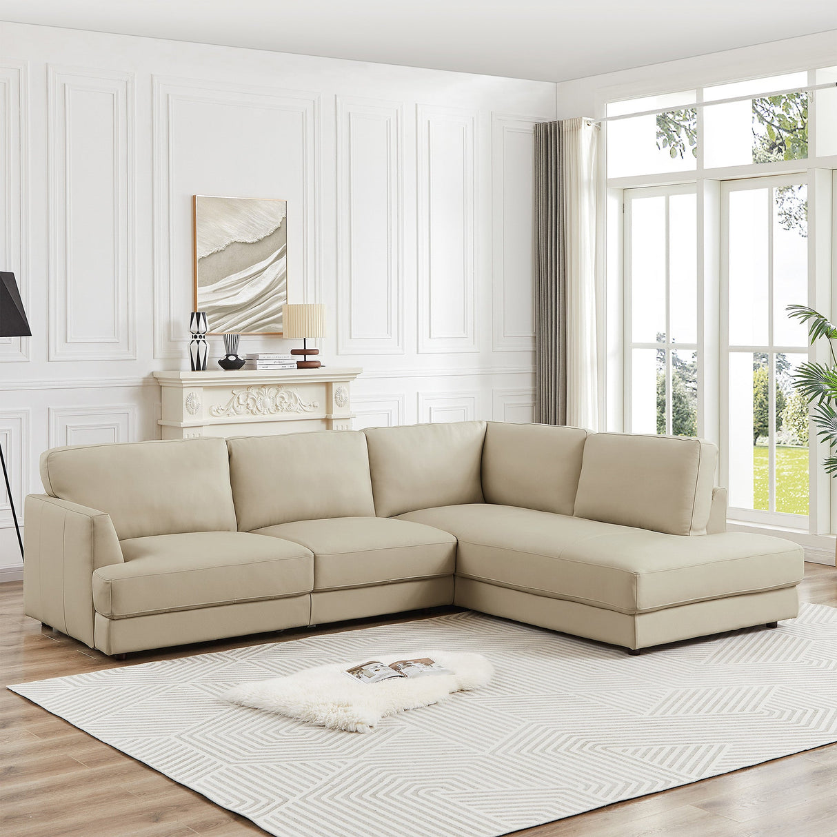 Glander Cream Leather Sectional Sofa Right Facing by Ashcroft Furniture at Eve Furniture