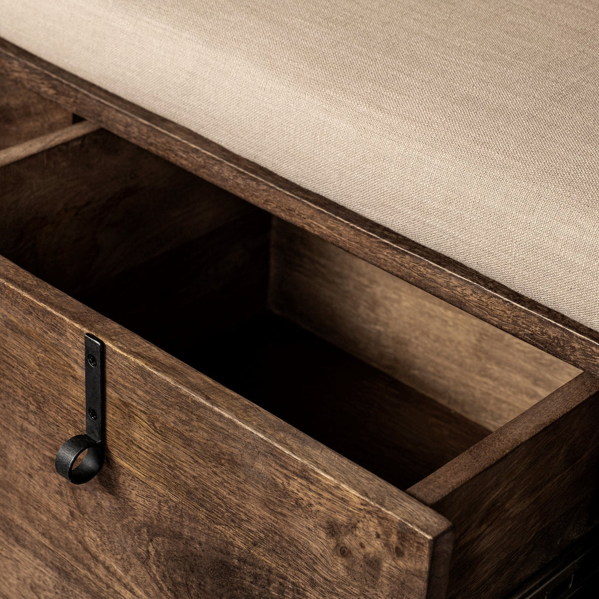 Glenn V Dark Brown Wood w/ Cream Fabric Seat, 3 Drawers Hall Tree by Mercana at Eve Furniture