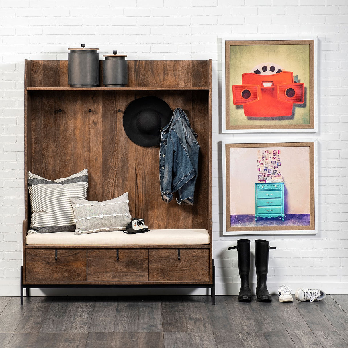 Glenn V Dark Brown Wood w/ Cream Fabric Seat, 3 Drawers Hall Tree by Mercana at Eve Furniture