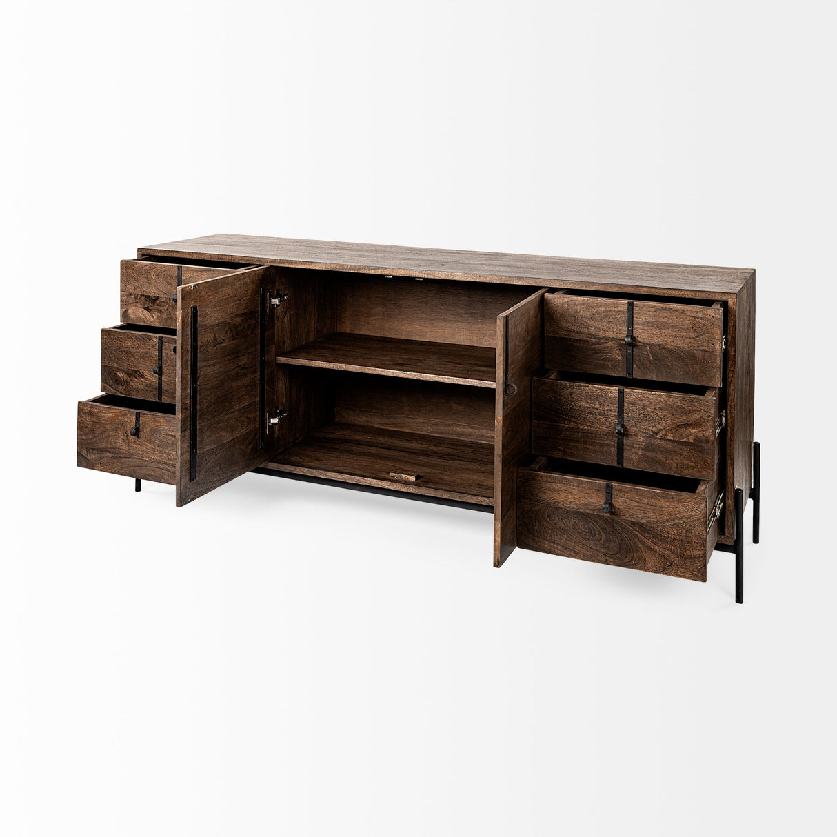 Glenn VI Dark Brown Wood Frame w/ Black Iron Accent, 6 Drawer, 2 Door Cabinet Sideboard by Mercana at Eve Furniture