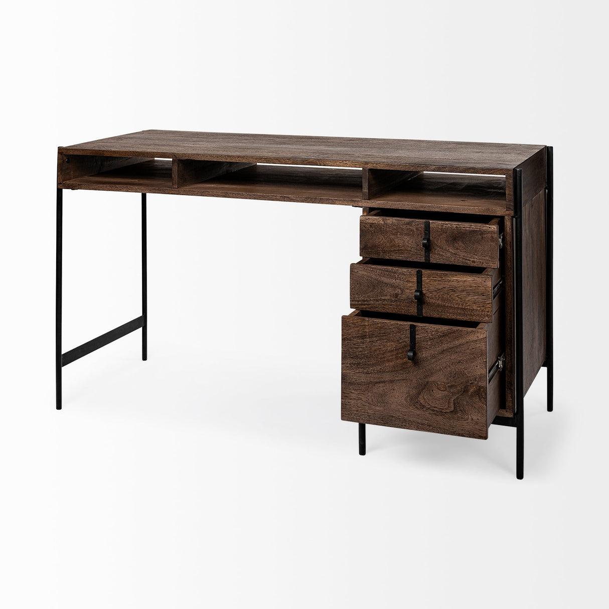 Glenn VII Dark Brown Wood w/ Black Iron Frame, 3 Drawer Office Desk by Mercana at Eve Furniture