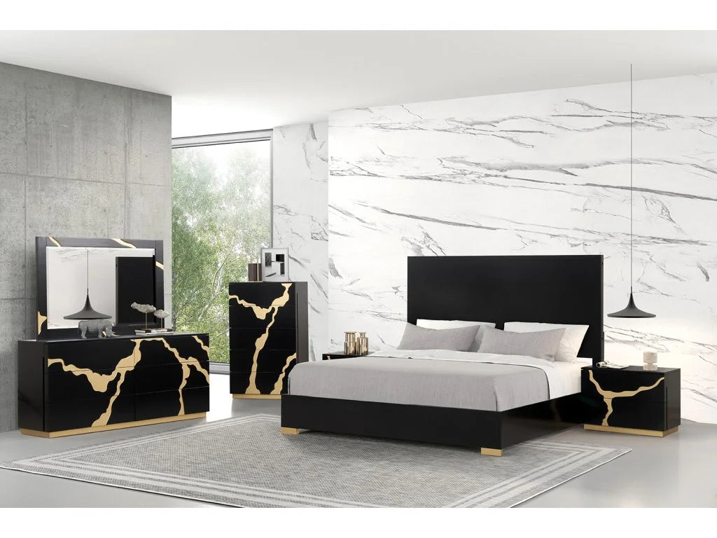 Goldsberg Black/Gold-Painted Pattern 4-Piece Queen Bedroom Set by Furniture of America at Eve Furniture
