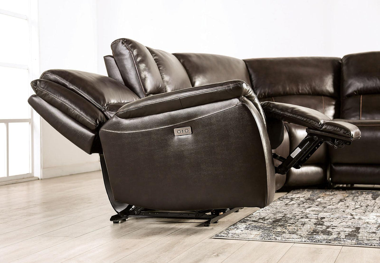 Gorgius Espresso Leather Modular Power Reclining Sectional by Furniture of America at Eve Furniture