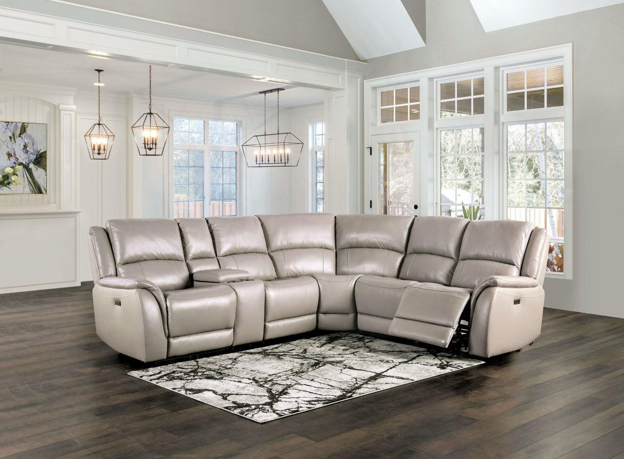 Gorgius Light Gray Leather Modular Power Reclining Sectional by Furniture of America at Eve Furniture