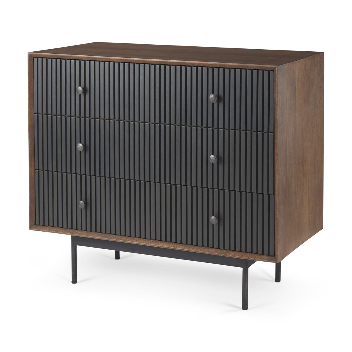 Grace 35.5L x 18.0W x 31.0H Medium Brown Wood W/Black Metal Frame 3 Drawer Accent Cabinet by Mercana at Eve Furniture