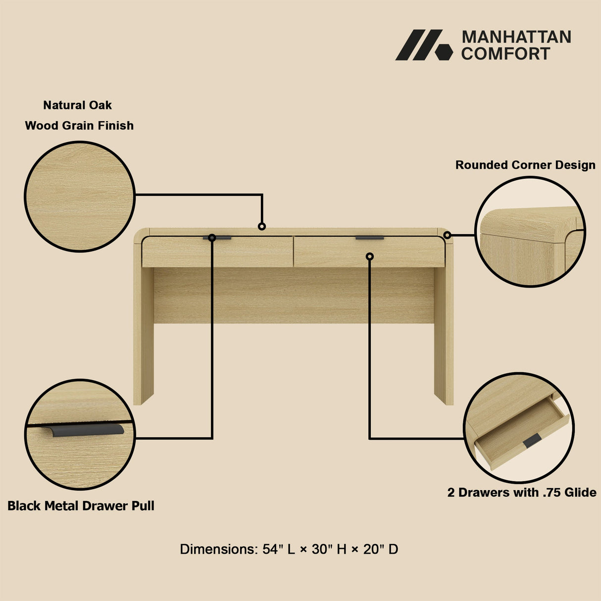 Grace 54" Home Office Desk in Natural Oak and Black by Manhattan Comfort at Eve Furniture