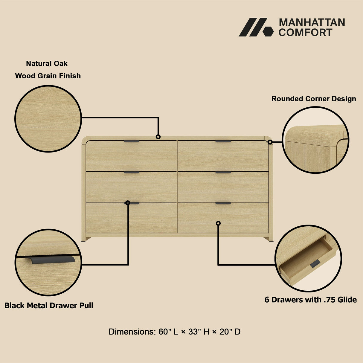 Grace 60" Double Dresser in Natural Oak and Black by Manhattan Comfort at Eve Furniture