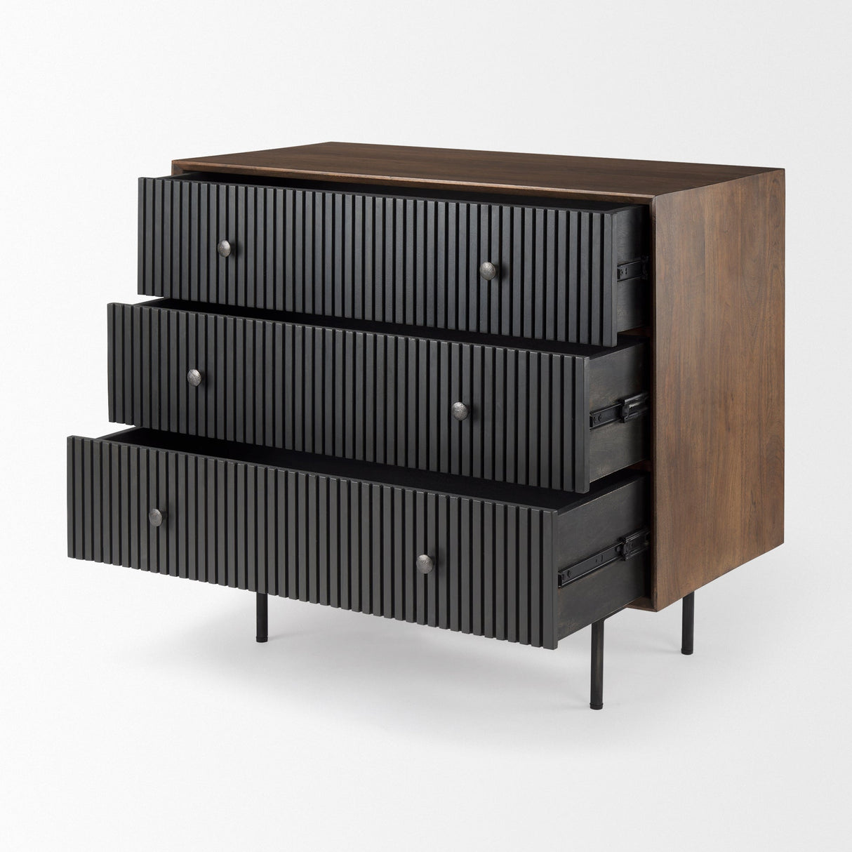 Grace Medium Brown Wood W/Black Metal Frame 3 Drawer Accent Cabinet by Mercana at Eve Furniture