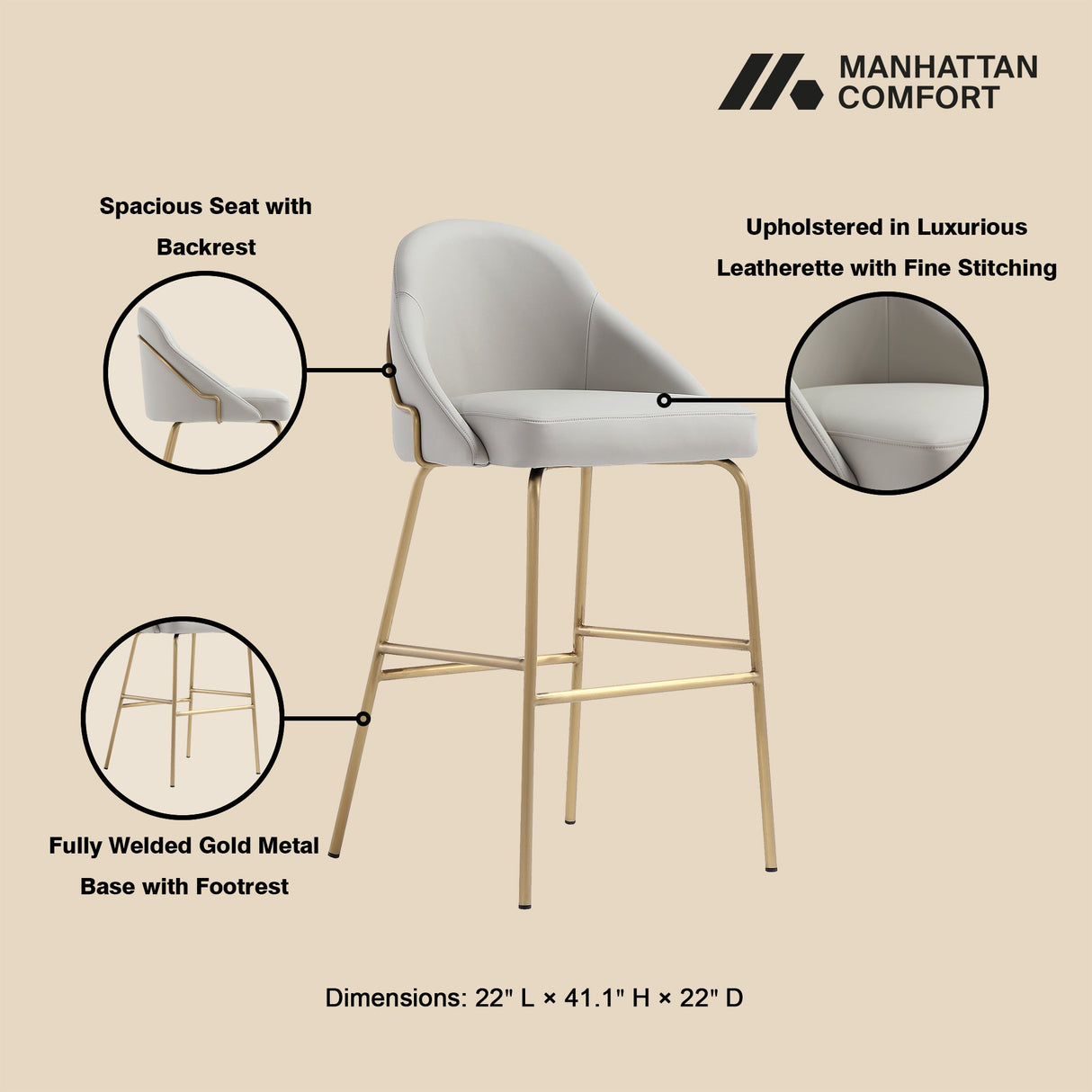 Gracie Barstool in Stone and Gold by Manhattan Comfort at Eve Furniture