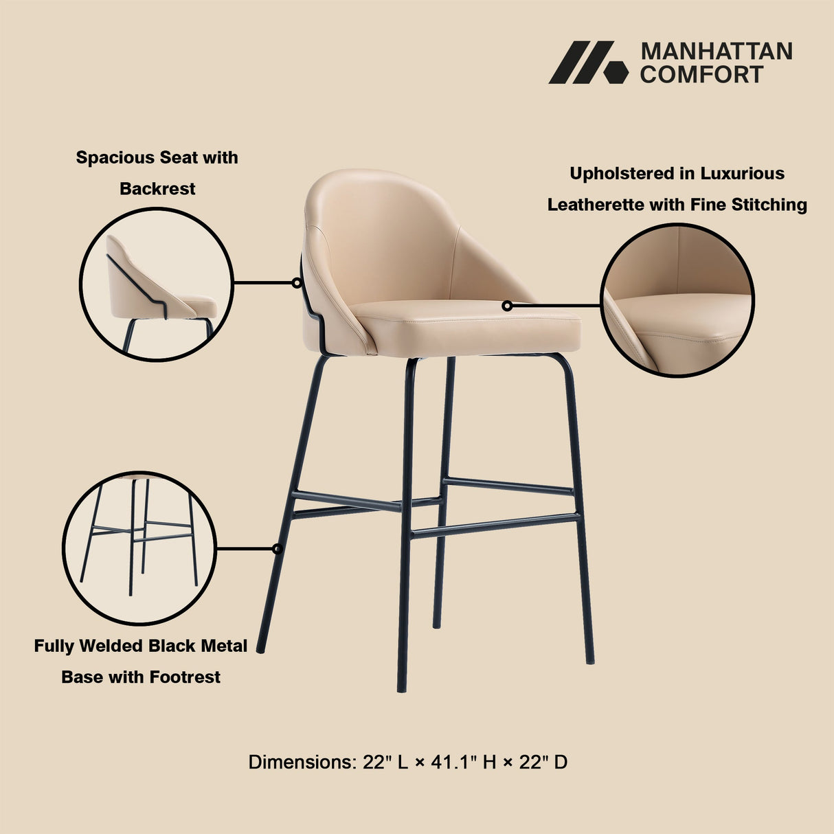 Gracie Barstool in Tan and Black (set of 2) by Manhattan Comfort at Eve Furniture