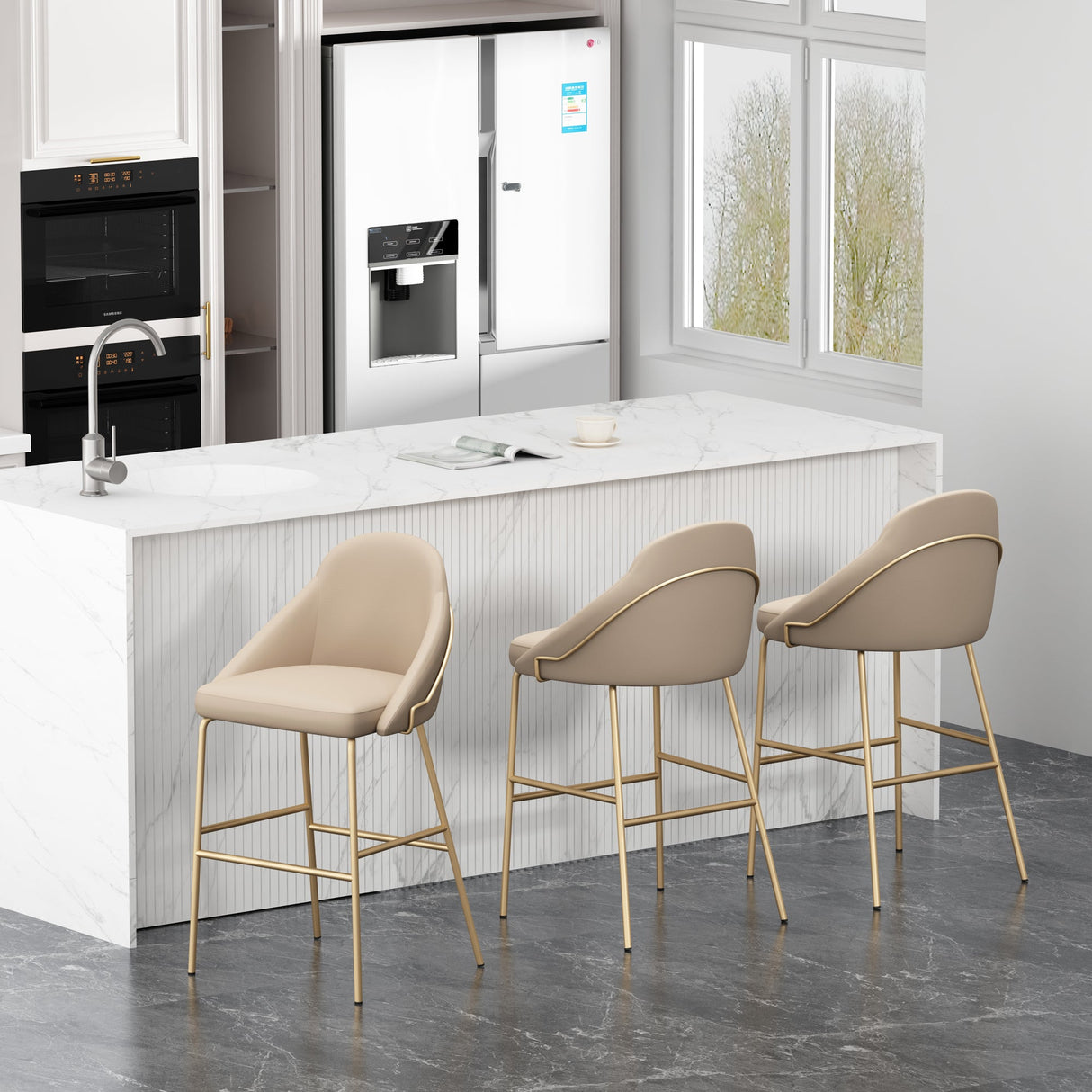 Gracie Barstool in Tan and Gold (set of 3) by Manhattan Comfort at Eve Furniture
