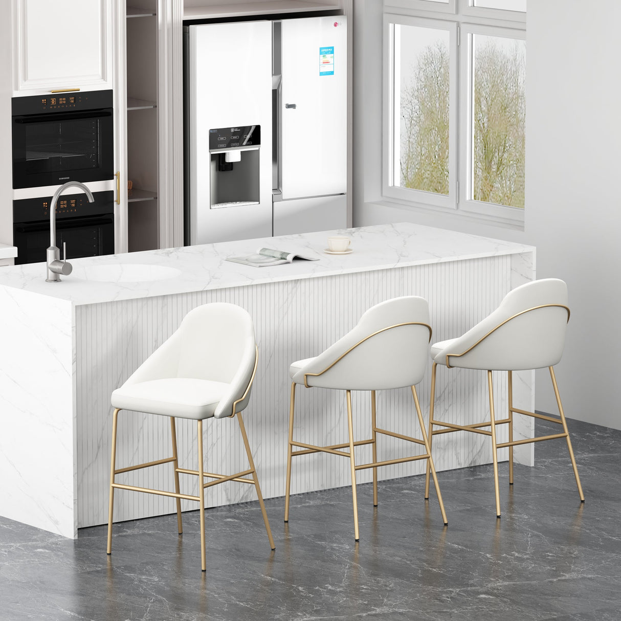 Gracie Barstool in White and Gold (set of 3) by Manhattan Comfort at Eve Furniture