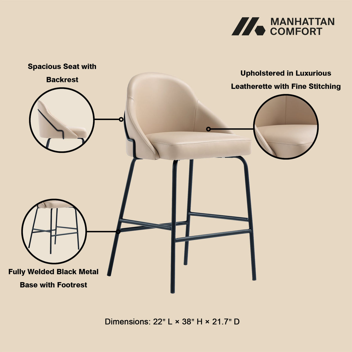 Gracie Counter Stool in Tan and Black (set of 2) by Manhattan Comfort at Eve Furniture