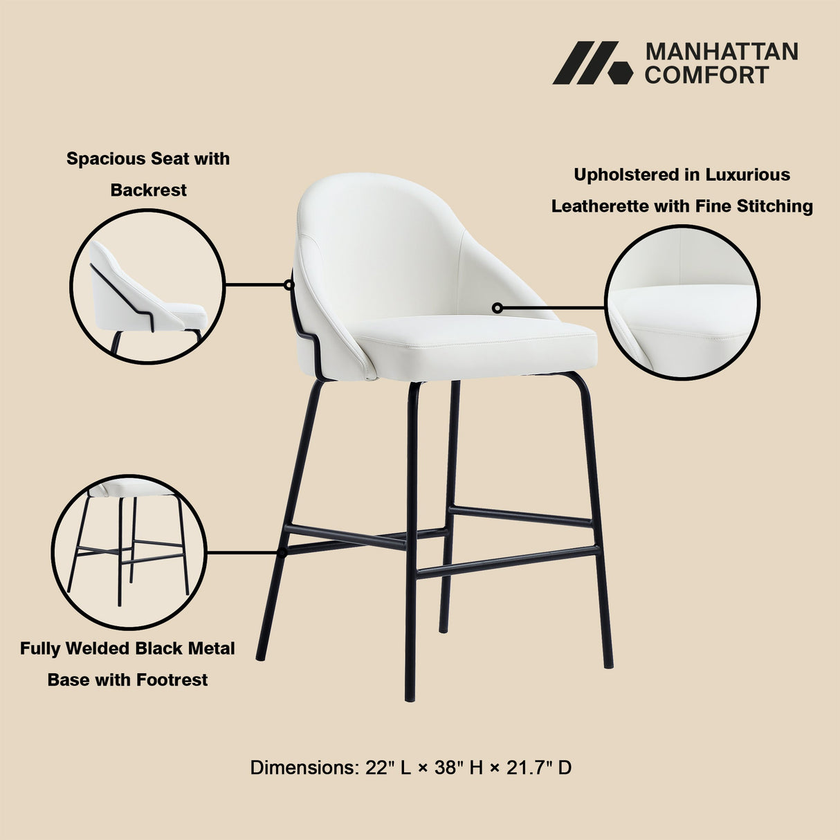Gracie Counter Stool in White and Black (set of 3) by Manhattan Comfort at Eve Furniture