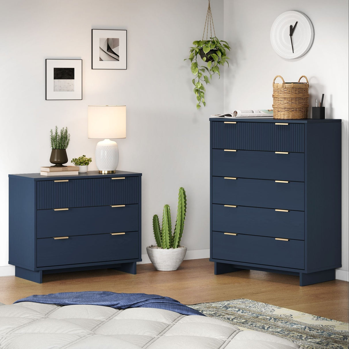 Granville 2-Piece Granville Tall Chest and Standard Dresser Set in Midnight Blue by Manhattan Comfort at Eve Furniture