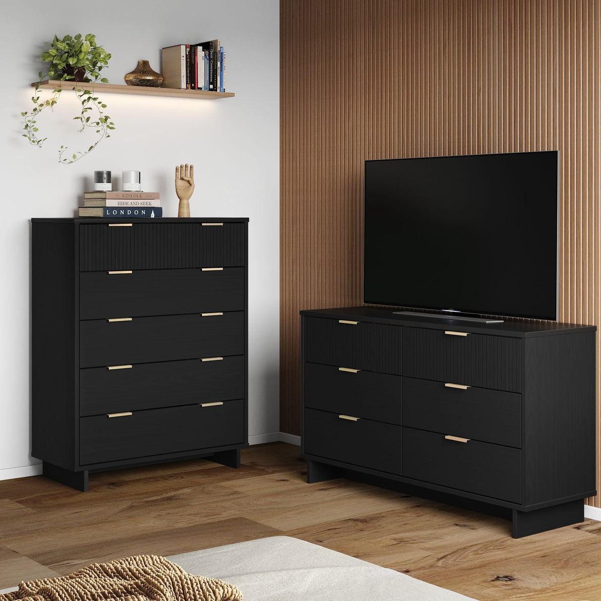 Granville 2-Piece Tall Chest and Double Dresser Set in Black by Manhattan Comfort at Eve Furniture