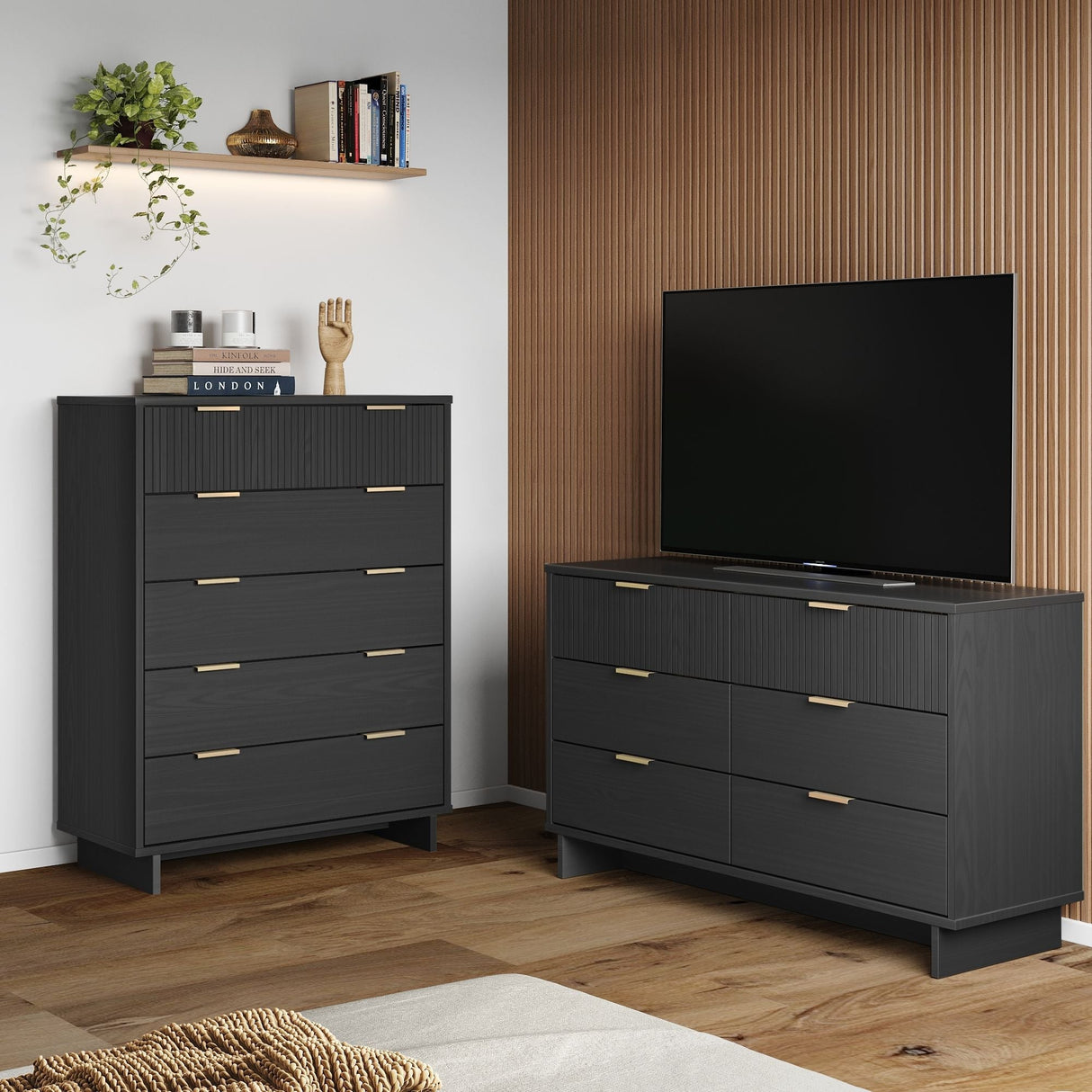 Granville 2-Piece Tall Chest and Double Dresser Set in Dark Grey by Manhattan Comfort at Eve Furniture