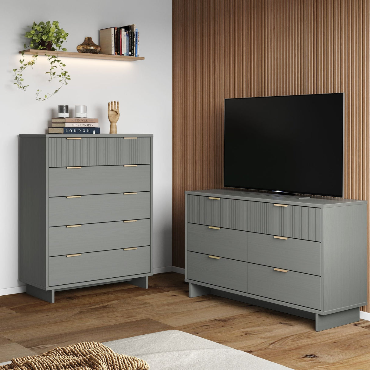 Granville 2-Piece Tall Chest and Double Dresser Set in Light Grey by Manhattan Comfort at Eve Furniture