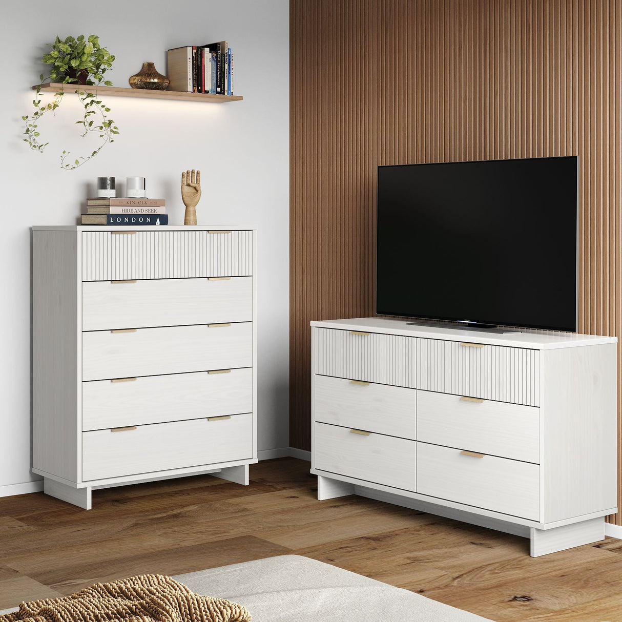 Granville 2-Piece Tall Chest and Double Dresser Set in White by Manhattan Comfort at Eve Furniture