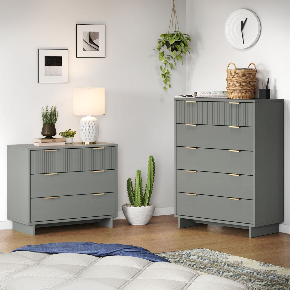 Granville 2-Piece Tall Chest and Standard Dresser Set in Light Grey by Manhattan Comfort at Eve Furniture