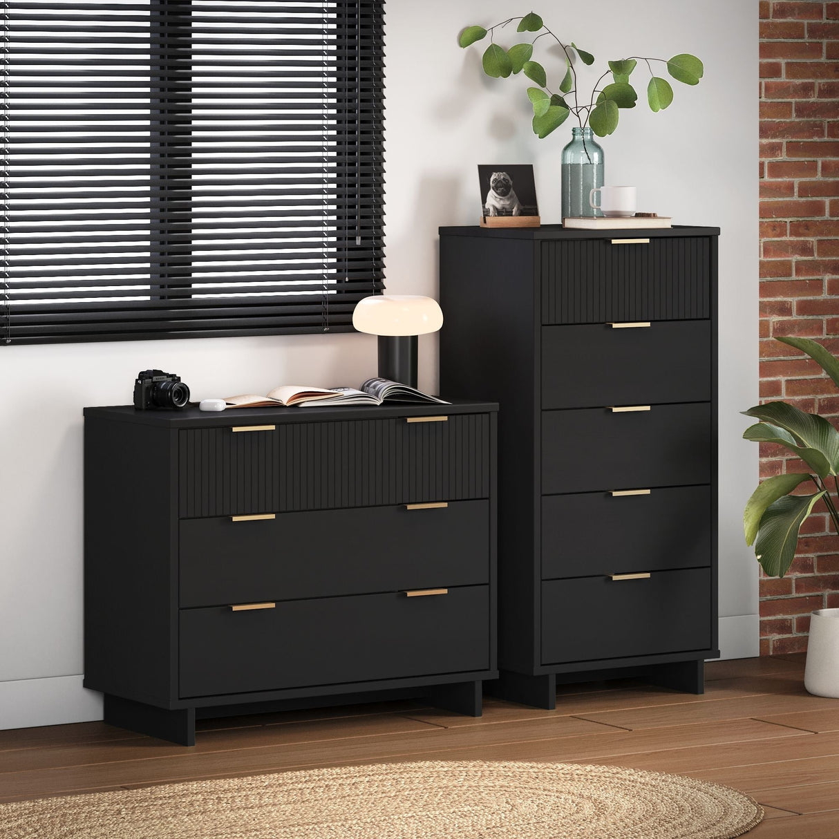 Granville 2-Piece Tall Narrow and Standard Dresser Set in Black by Manhattan Comfort at Eve Furniture