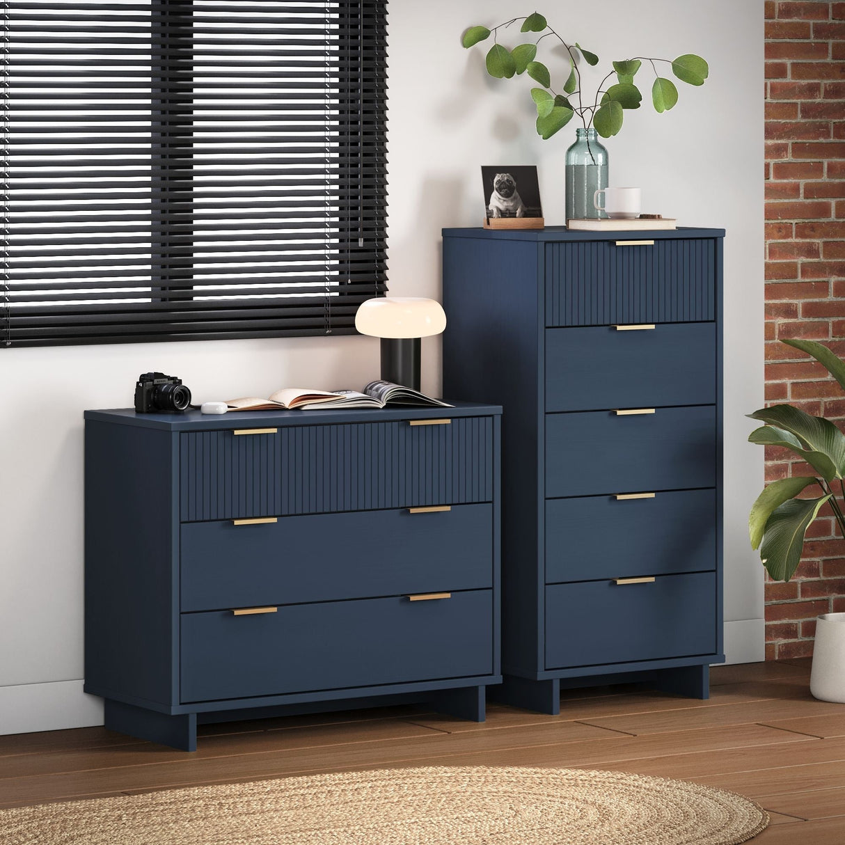 Granville 2-Piece Tall Narrow and Standard Dresser Set in Midnight Blue by Manhattan Comfort at Eve Furniture