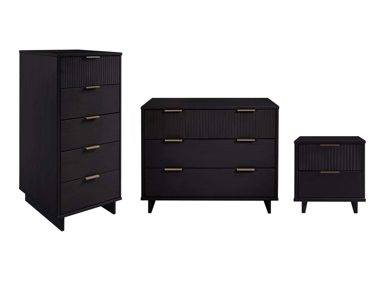 Granville 3-Piece Standard Dresser, Tall Narrow Chest and Nightstand Set in Black by Manhattan Comfort at Eve Furniture