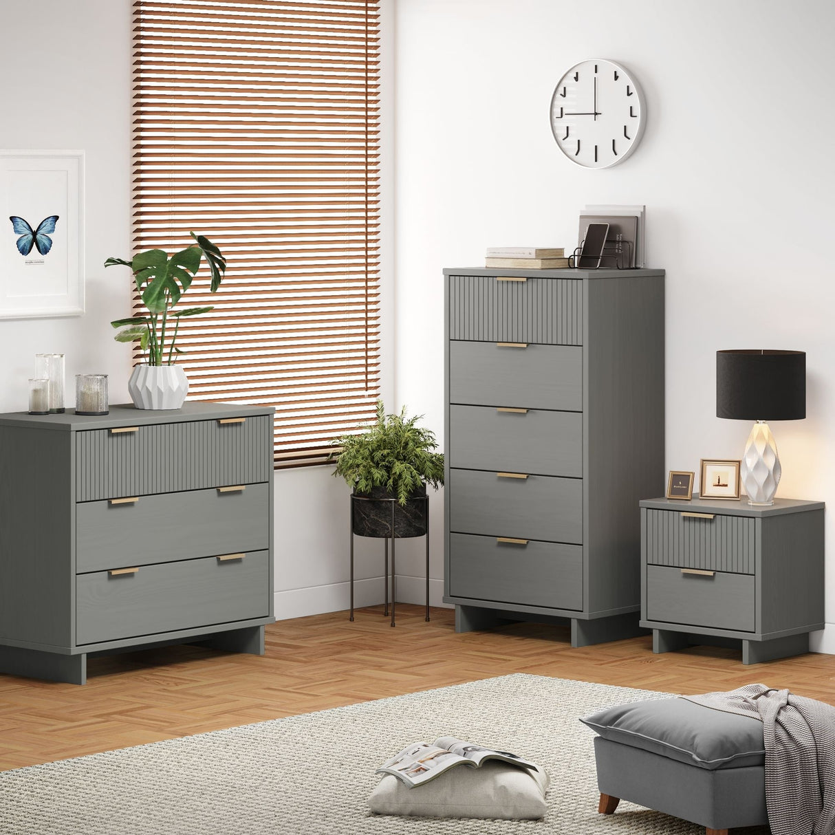 Granville 3-Piece Standard Dresser, Tall Narrow Chest and Nightstand Set in Light Grey by Manhattan Comfort at Eve Furniture