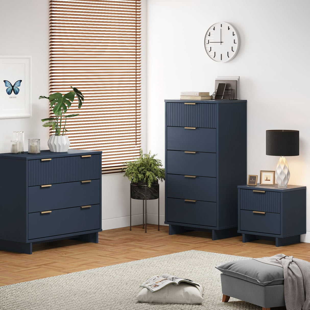 Granville 3-Piece Standard Dresser, Tall Narrow Chest and Nightstand Set in Midnight Blue by Manhattan Comfort at Eve Furniture