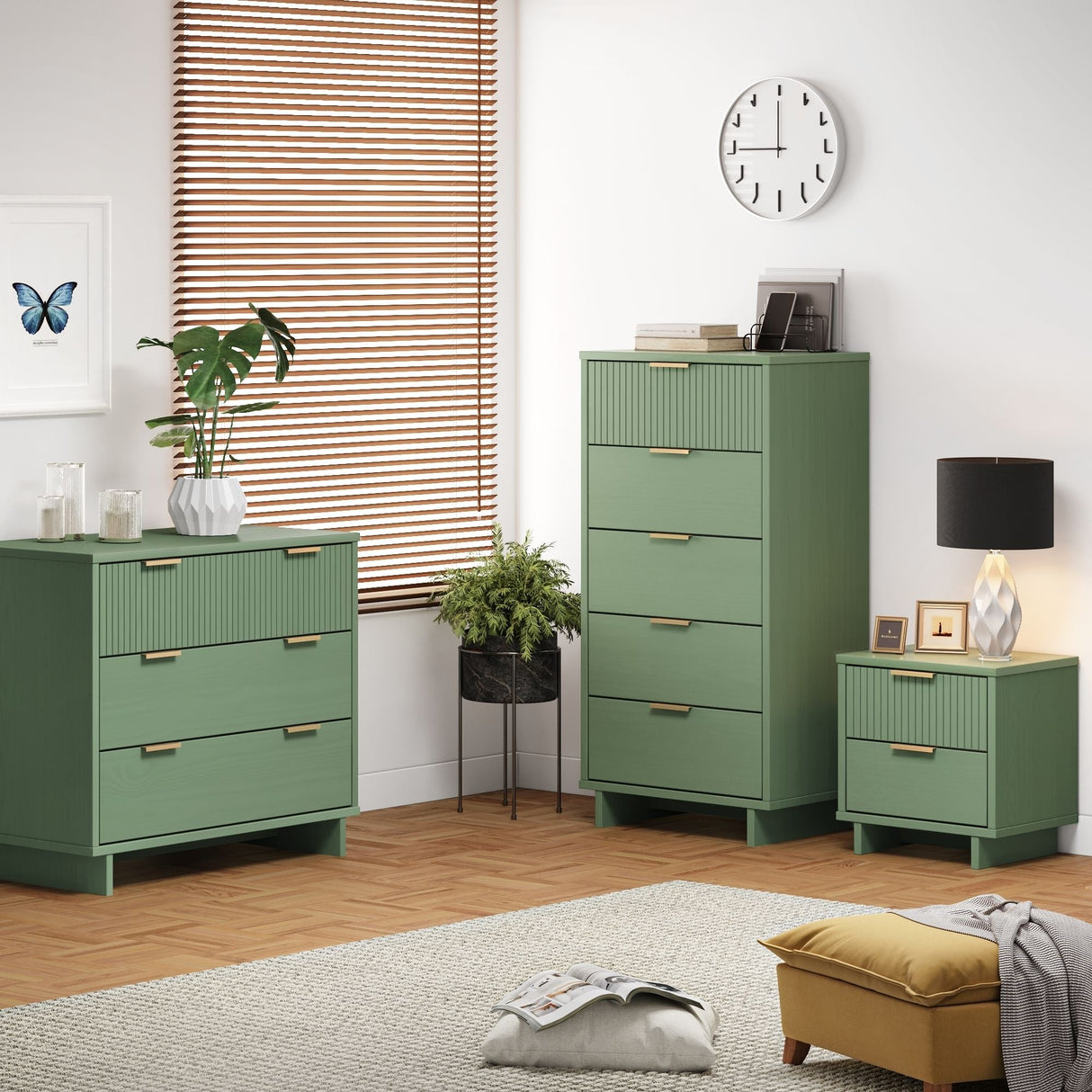 Granville 3-Piece Standard Dresser, Tall Narrow Chest and Nightstand Set in Sage Green by Manhattan Comfort at Eve Furniture