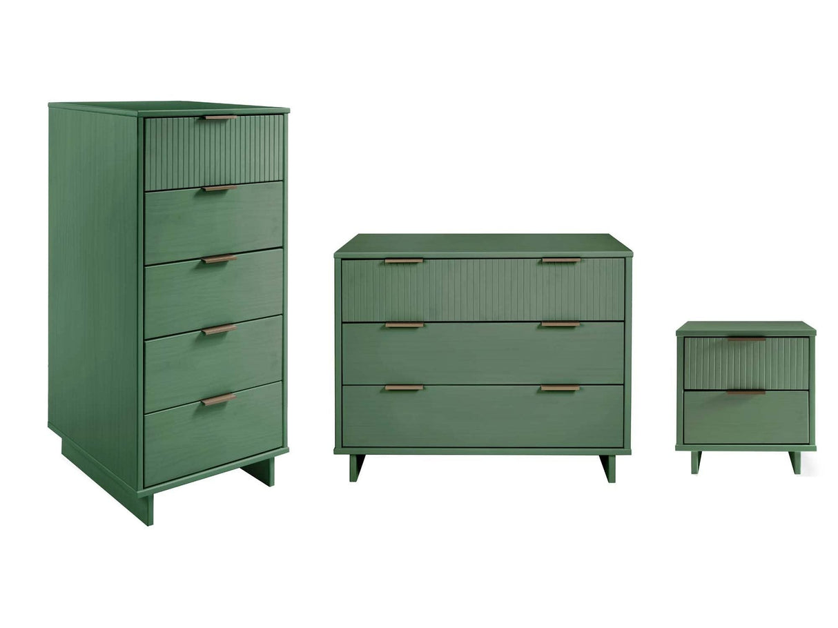 Granville 3-Piece Standard Dresser, Tall Narrow Chest and Nightstand Set in Sage Green by Manhattan Comfort at Eve Furniture