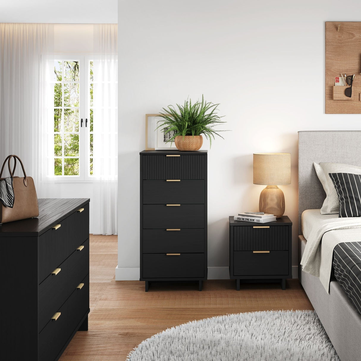 Granville 3-Piece Tall Narrow Chest, Double Dresser and Nightstand Set in Black by Manhattan Comfort at Eve Furniture